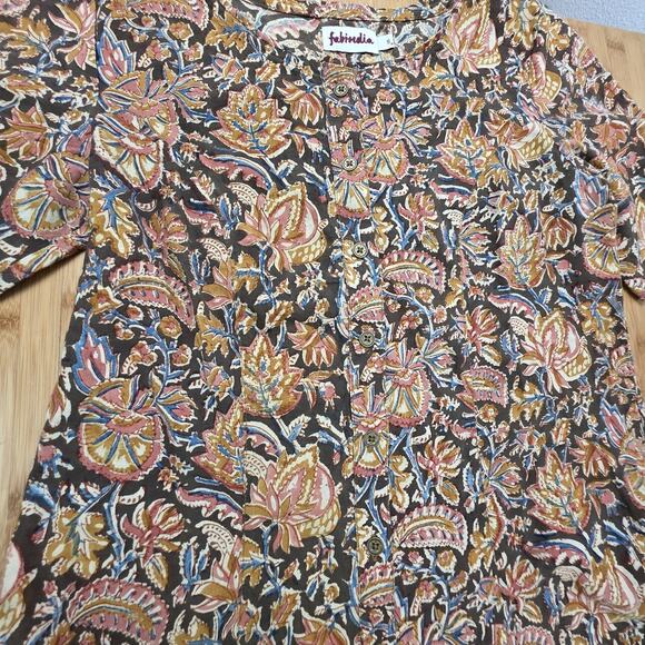 Fabindia Size Sml Mustard Brown Button Midi Cotton Dress Tiered Boho Lagenlook - Picture 8 of 10